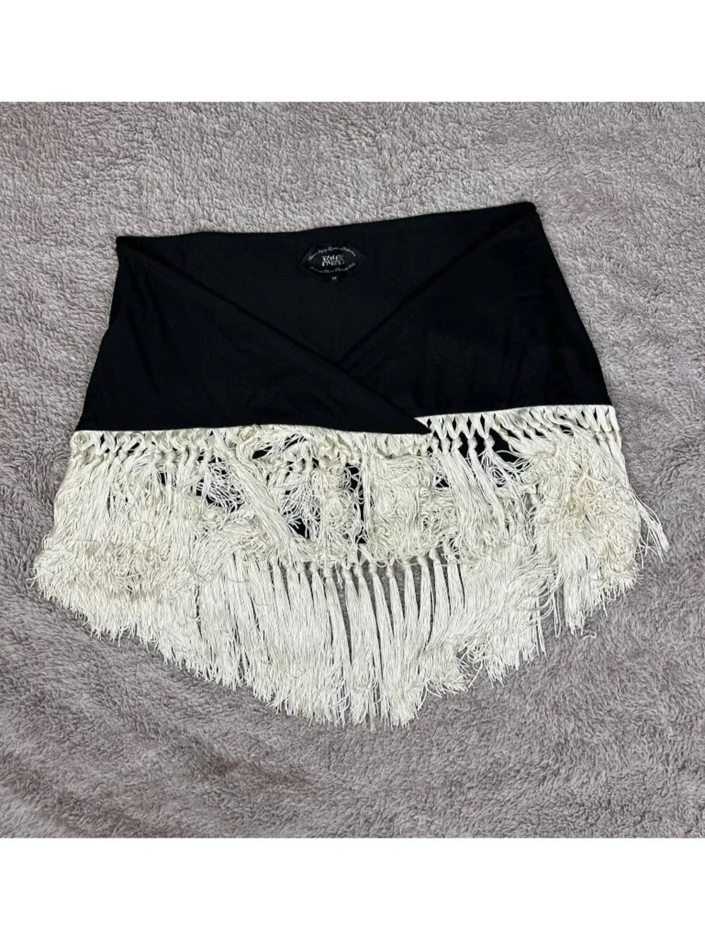NWOT Taller Marmo Lido Fringed Pareo Wrap Skirt Swim Cover Up Black Ivory Sz M